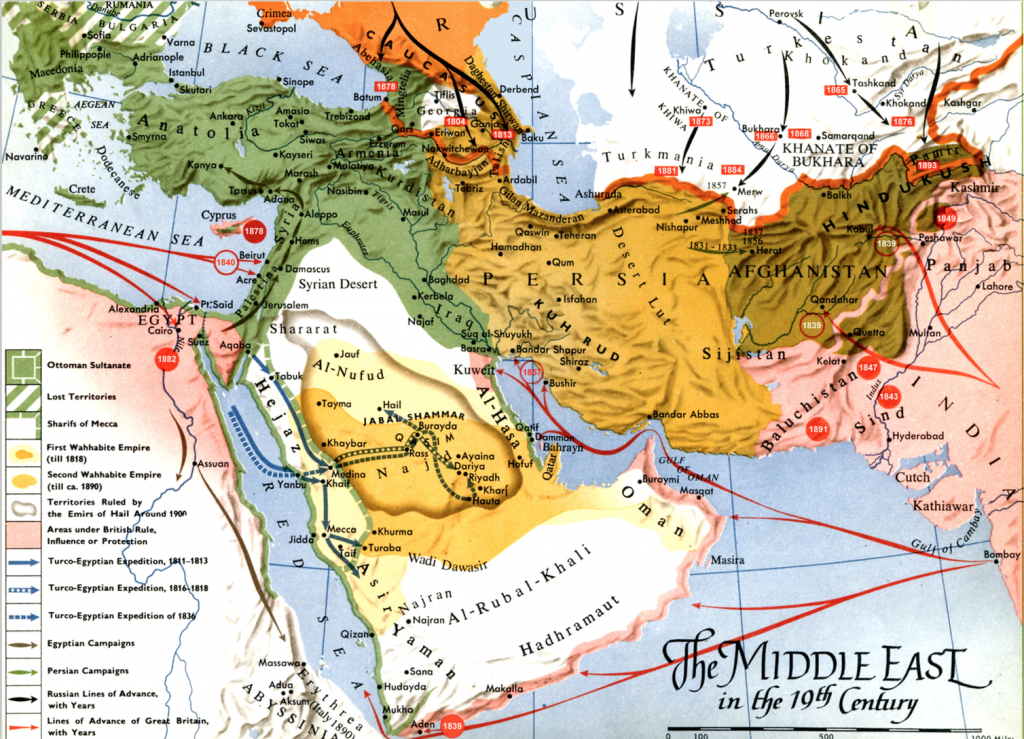A map of the Middle East in the 19th Century, including Anatolia, Persia and the Arab Peninsula