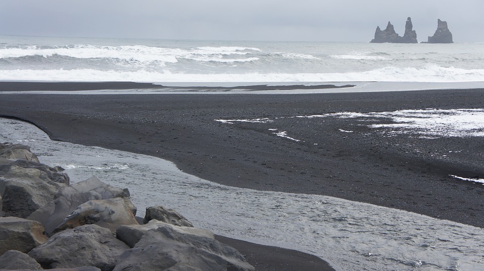 Icelandic coastline at Vik with black sand beach and waves